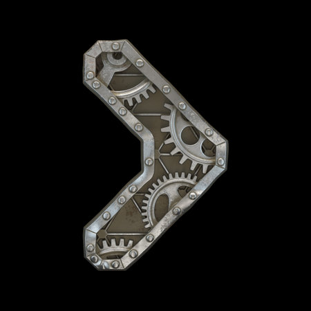 Mechanical alphabet made from rivet metal with gears on black background. Symbol right angle...