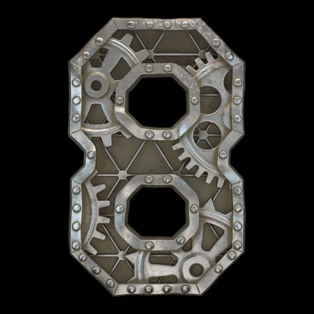 Mechanical alphabet made from rivet metal with gears on black background. Number 8. 3D rendering