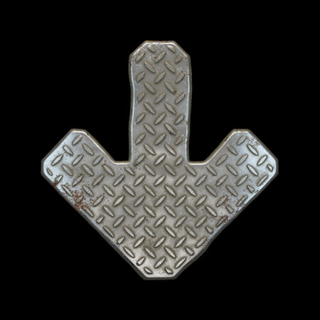 Industrial metal symbol arrow to down on black background 3d rendering