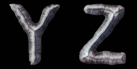 Set of capital letters Y, Z made of forged metal isolated on black background. 3d renderingの写真素材
