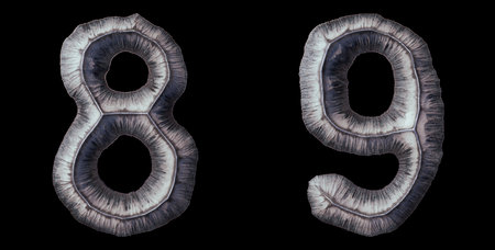 Set of numbers 8, 9 made of forged metal isolated on black background. 3d rendering