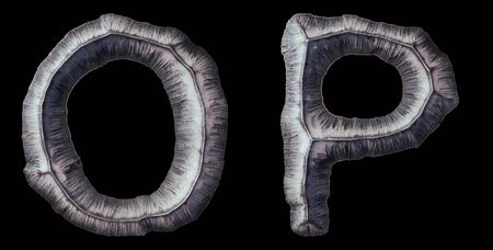 Set of capital letters O, P made of forged metal isolated on black background. 3d renderingの写真素材