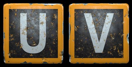 Public road sign orange and black color with a capital set of letters U, V in the center isolated on black background. 3d renderingの写真素材