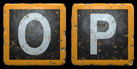 Public road sign orange and black color with a capital set of letters O, P in the center isolated on black background. 3d renderingの写真素材