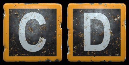 Public road sign orange and black color with a capital set of letters C, D in the center isolated on black background. 3d renderingの写真素材