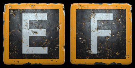 Public road sign orange and black color with a capital set of letters E, F in the center isolated on black background. 3d renderingの写真素材