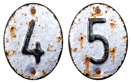 3D render set of numbers 4, 5 made of forged metal on the background fragment of a metal surface with cracked rust. 3d renderingの写真素材