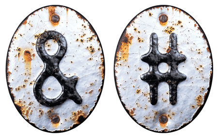 3D render set of symbols ampersand and hash made of forged metal on the background fragment of a metal surface with cracked rust. 3d renderingの写真素材