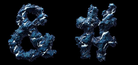 Set of symbols ampersand and hash made of ice isolated on black background. 3d rendering