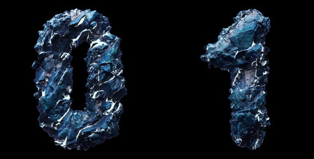 Set of numbers 0, 1 made of ice isolated on black background. 3d rendering