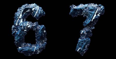 Set of numbers 6, 7 made of ice isolated on black background. 3d renderingの写真素材