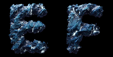 Set of capital letters E, F made of ice isolated on black background. 3d rendering