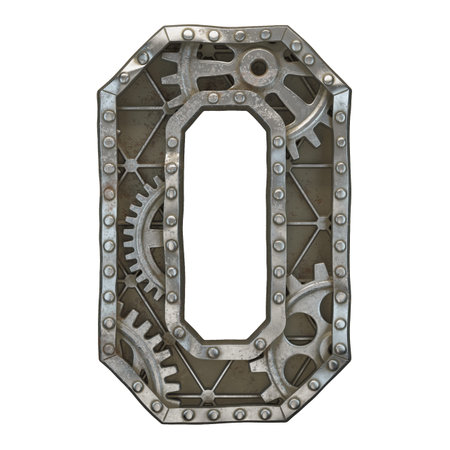 Mechanical alphabet made from rivet metal with gears on white background. Letter O. 3D renderingの写真素材