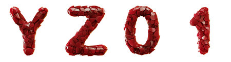 Plastic set Y, Z, 0,1 made of 3d render plastic shards red color. Collection of plastic alphabet...