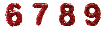 Number plastic set 6, 7, 8, 9 made of 3d render plastic shards red color. Collection of plastic...