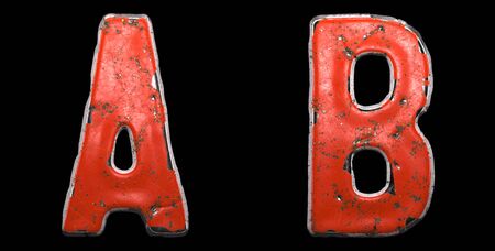 Set of letters A, B made of red painted metal isolated on black background. 3d renderingの写真素材