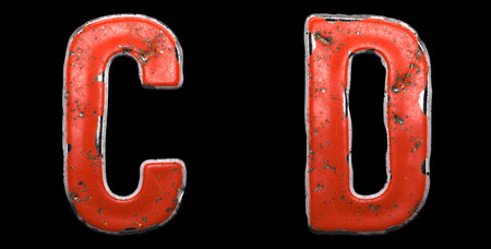 Set of letters C, D made of red painted metal isolated on black background. 3d rendering
