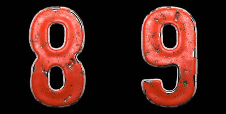 Set of numbers 8, 9 made of red painted metal isolated on black background. 3d renderingの写真素材