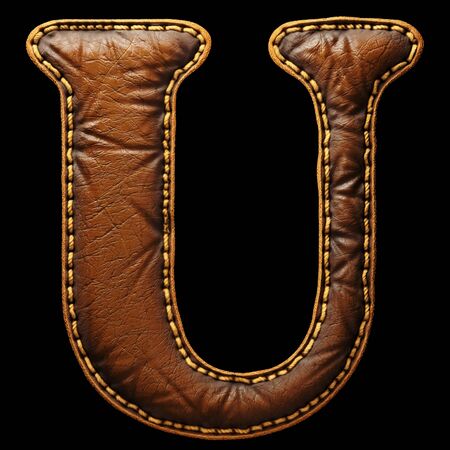 Leather letter U uppercase. 3D render font with skin texture isolated on black background. 3d renderingの写真素材