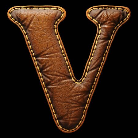 Leather letter V uppercase. 3D render font with skin texture isolated on black background. 3d renderingの写真素材