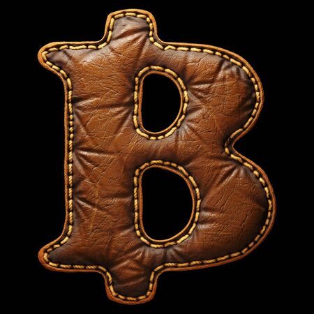 Symbol bitcoin made of leather. 3D render font with skin texture isolated on black background. 3d renderingの写真素材