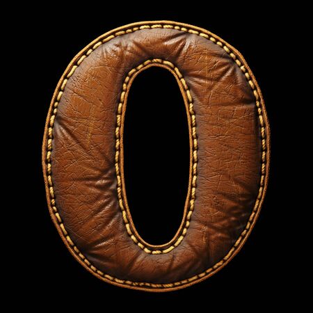 Number 0 made of leather. 3D render font with skin texture isolated on black background. 3d renderingの写真素材