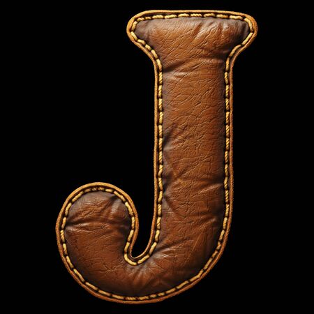 Leather letter J uppercase. 3D render font with skin texture isolated on black background. 3d renderingの写真素材