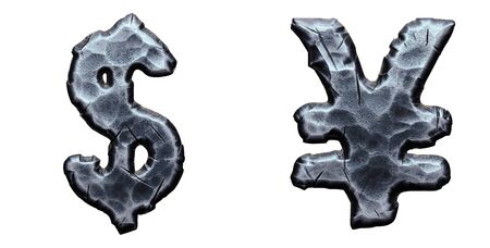 Set of symbols dollar and yen made of forged metal isolated on white background. 3d renderingの写真素材