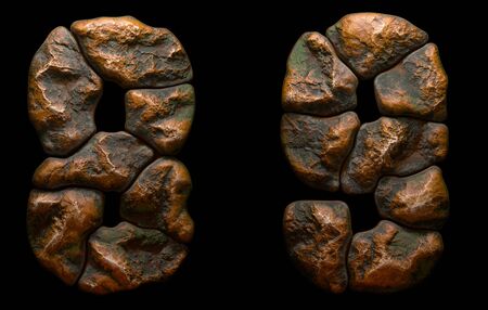 Set of rocky numbers 8, 9. Font of stone on black background. 3d renderingの写真素材