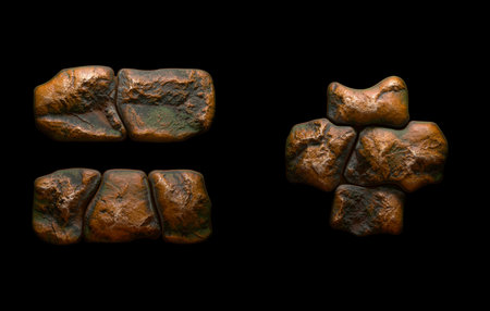 Set of rocky symbols equals and asterisk. Font of stone on black background. 3d rendering