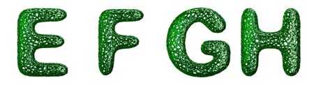 Realistic 3D letters set E, F, G, H made of green plastic. Collection symbols of plastic with abstract holes isolated on white background 3d renderingの写真素材