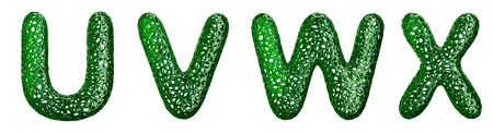 Realistic 3D letters set U, V, W, X made of green plastic. Collection symbols of plastic with abstract holes isolated on white background 3d renderingの写真素材