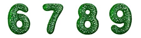 Realistic 3D letters set 6, 7, 8, 9 made of green plastic. Collection symbols of plastic with abstract holes isolated on white background 3d renderingの写真素材