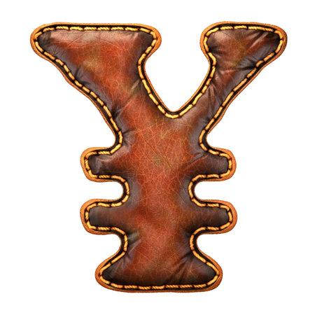 Symbol yen made of leather. 3D render font with skin texture isolated on white background. 3d renderingの写真素材