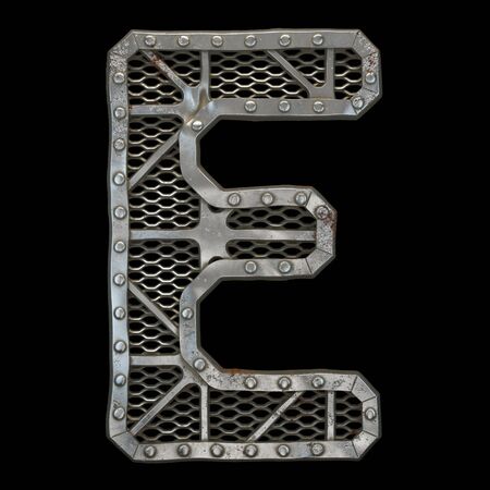 Mechanical alphabet made from rivet metal with gears on black background. Letter E. 3D renderingの写真素材