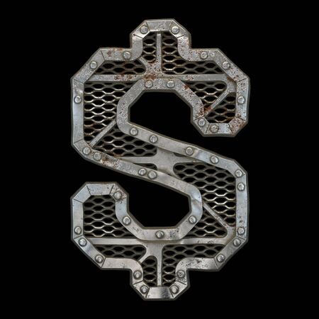 Mechanical alphabet made from rivet metal with gears on black background. Symbol dollar. 3D renderingの写真素材
