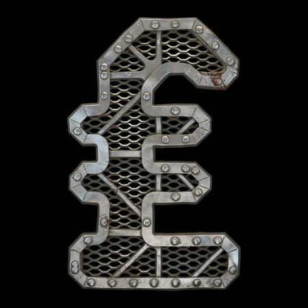 Mechanical alphabet made from rivet metal with gears on black background. Symbol lira. 3D renderingの写真素材