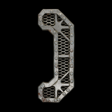 Mechanical alphabet made from rivet metal with gears on black background. Symbol right parentheses....