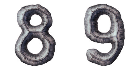 Set of numbers 8, 9 made of forged metal isolated on white background. 3d rendering