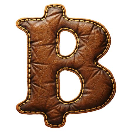 Symbol bitcoin made of leather. 3D render font with skin texture isolated on white background. 3d renderingの写真素材