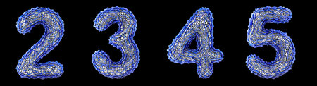 Number set 2, 3, 4, 5 made of blue plastic. Collection symbols of plastic with abstract holes...