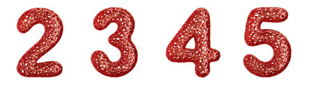Realistic 3D letters set 2, 3, 4, 5 made of red plastic. Collection symbols of plastic with abstract...