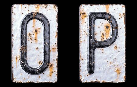 3D render set of capital letters O, P made of forged metal on the background fragment of a metal surface with cracked rust. 3d renderingの写真素材