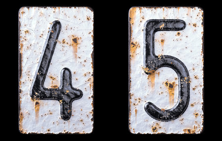 3D render set of numbers 4, 5 made of forged metal on the background fragment of a metal surface...