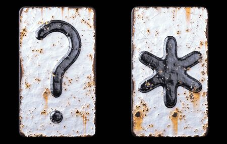 Set of symbols question mark and asterisk made of forged metal on the background fragment of a metal surface with cracked rust. 3d renderingの写真素材