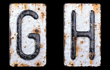 3D render set of capital letters G, H made of forged metal on the background fragment of a metal surface with cracked rust. 3d renderingの写真素材