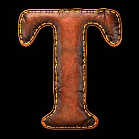 Leather letter T uppercase. 3D render font with skin texture isolated on black background. 3d renderingの写真素材