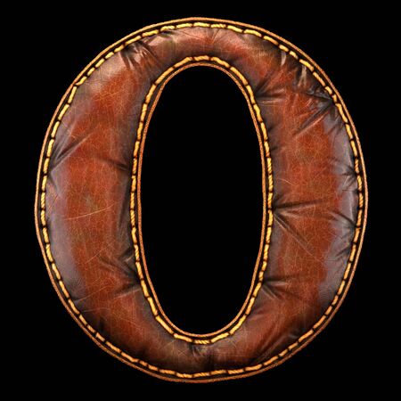 Leather letter O uppercase. 3D render font with skin texture isolated on black background. 3d renderingの写真素材