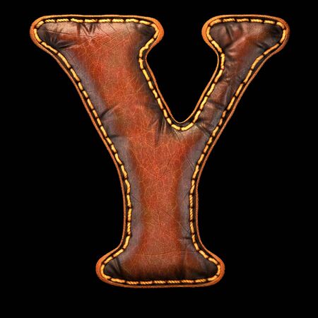 Leather letter Y uppercase. 3D render font with skin texture isolated on black background. 3d renderingの写真素材
