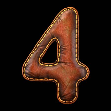 Number 4 made of leather. 3D render font with skin texture isolated on black background. 3d renderingの写真素材